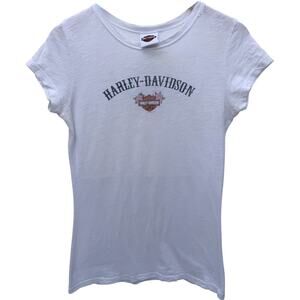 Harley Davidson Womens T Shirt Large White Lake Erie Akron Ohio Graphic Tee